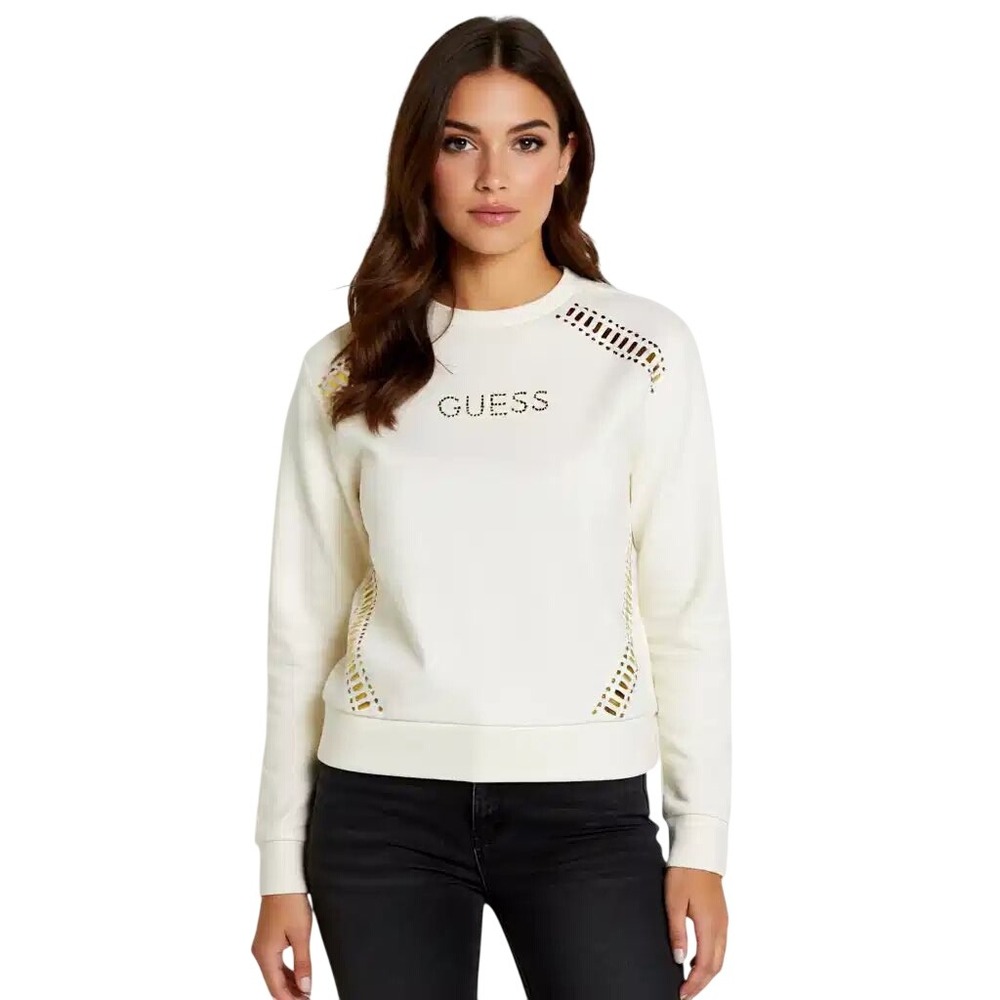 GUESS Los Angeles Women Gold Studded Rhinestone Logo Long Sleeve top Cream S NWT